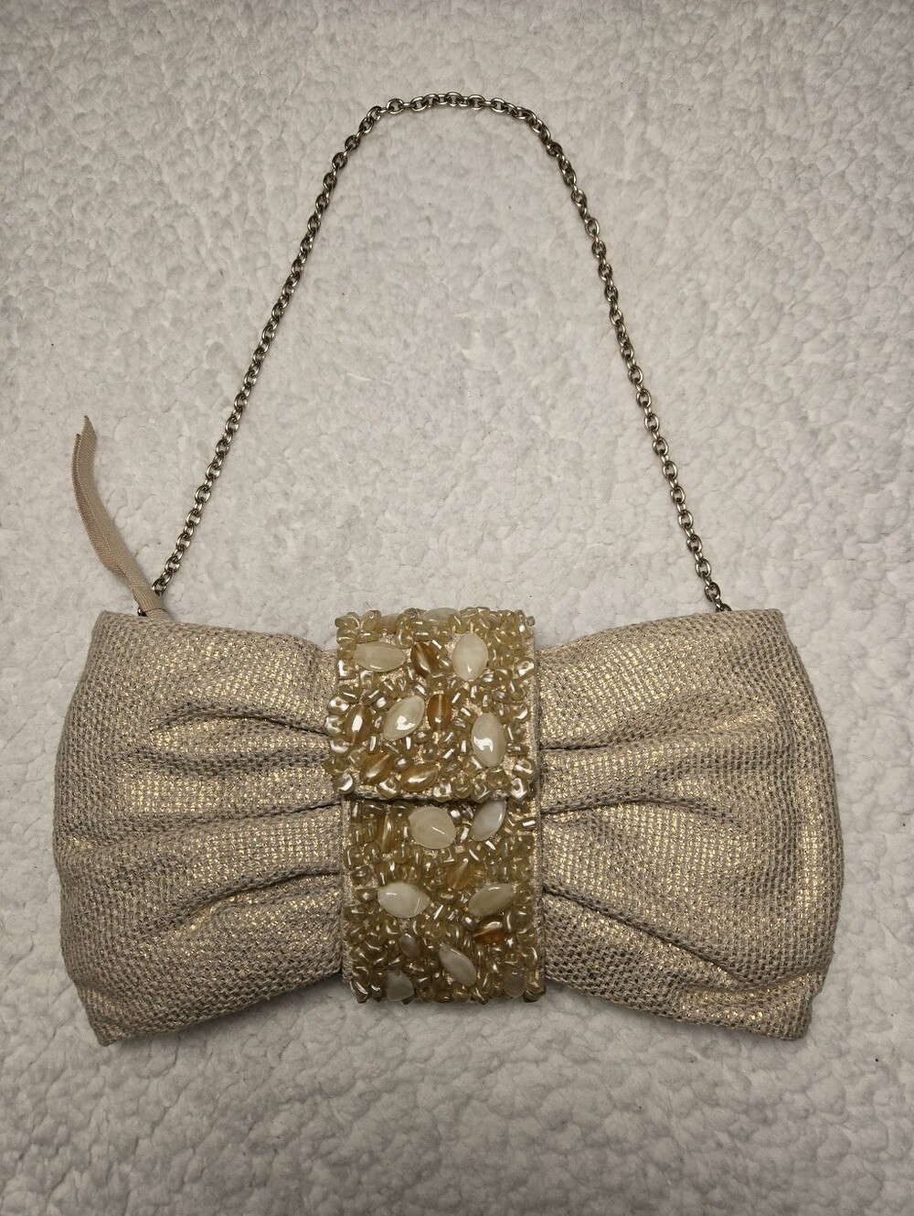 Banana Republic Bow Stone Beaded Clutch Bag Evening Purse Small Gold Vtg